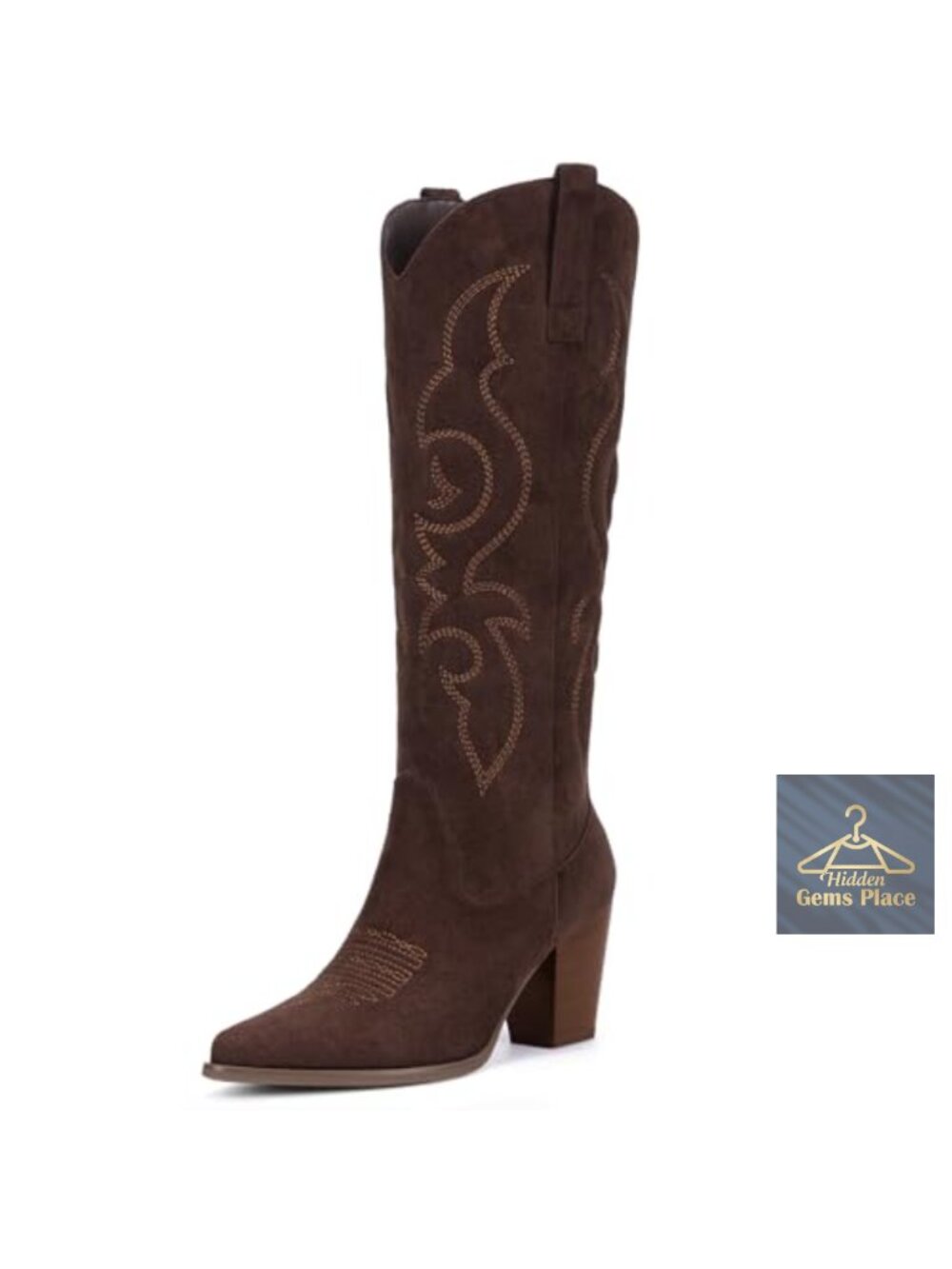 Faux Suede Cowboy Boots Women Knee High Western Pointed Toe Side Zipper Block